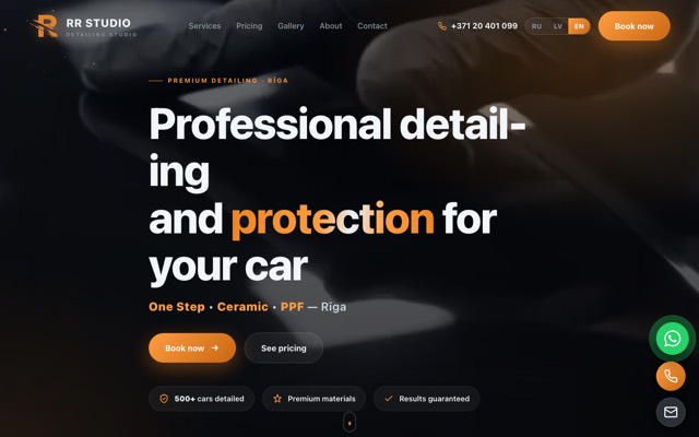 Screenshot of the delivered site — RR Studio — detailing